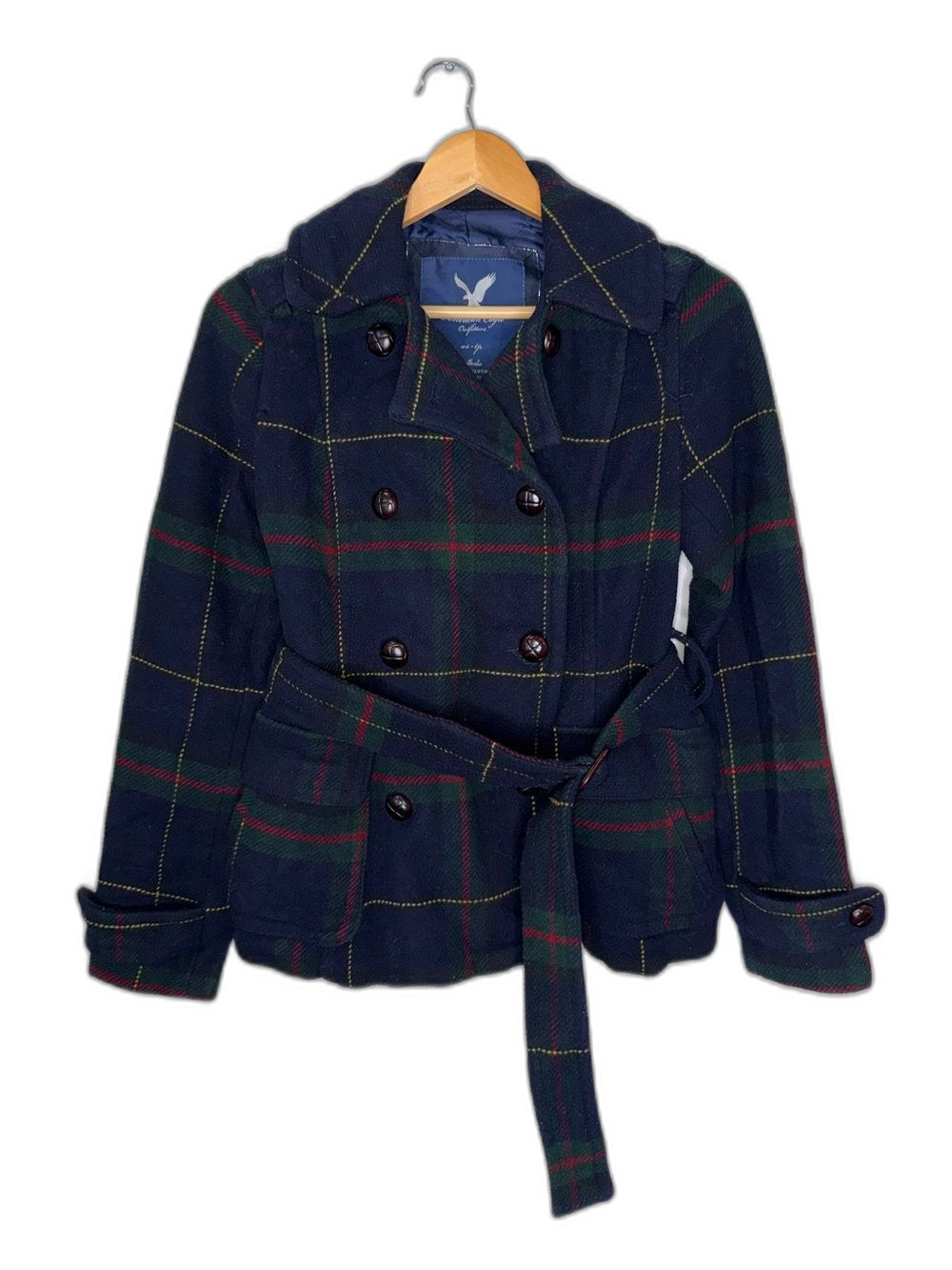 American Eagle Outfitters Pea Coat Women XS Navy Plaid Double Breasted Belted !
